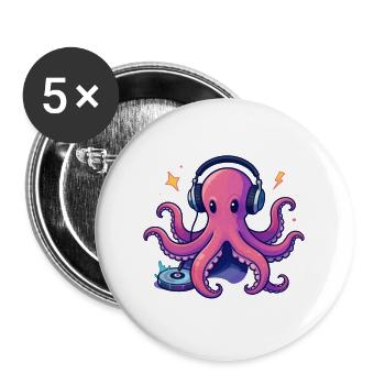 Pieuvre DJ au casque sur platine - Lot de 5 grands badges (56 mm) - blanc - Devant