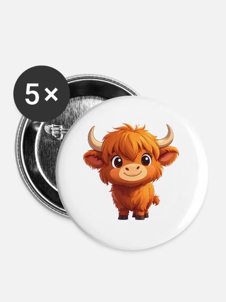Kleine braune Kawaii-Highland-Kuh – Süßes Design - Buttons groß 56 mm (5er Pack) - Weiß