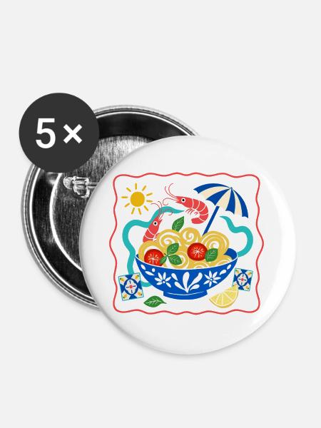 Shrimp Pasta Summer Bowl Illustration - Buttons groß 56 mm (5er Pack) - Weiß