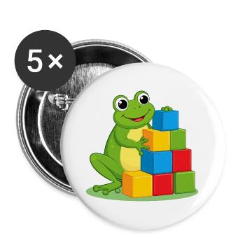 Grenouille de dessins animés verts jouant avec des blocs de construction colorés - Lot de 5 grands badges (56 mm) - blanc - Devant