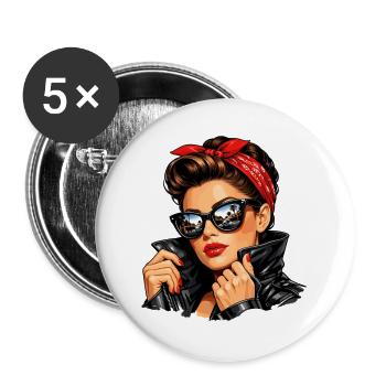 Fille pin-up cool en veste en cuir et lunettes de soleil - Lot de 5 grands badges (56 mm) - blanc - Devant