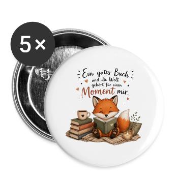 Moment mit Buch: Fuchs genießt Lesen - Buttons groß 56 mm (5er Pack) - Weiß - Vorne