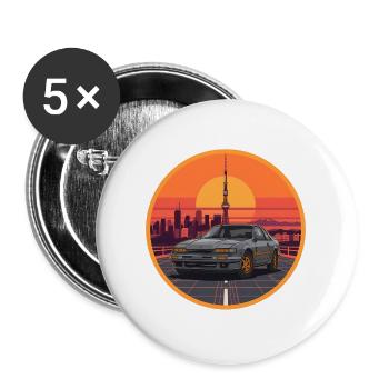 Retro 80er JDM Coupé Tokyo Tower Sonnenuntergangsemblem - Buttons groß 56 mm (5er Pack) - Weiß - Vorne