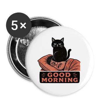 Chat noir en linogravure posé sur le visage matin - Lot de 5 grands badges (56 mm) - blanc - Devant