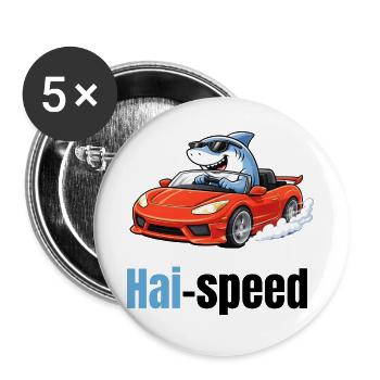 Haispeed | Un requin de dessin animé cool dans une voiture de sport - Lot de 5 grands badges (56 mm) - blanc - Devant
