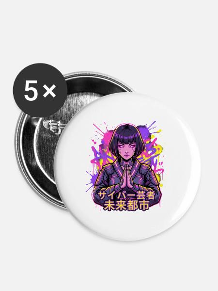 Cyber Geisha im Neonstadt - Buttons groß 56 mm (5er Pack) - Weiß