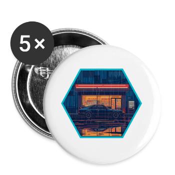 Retro 80er JDM Hatchback Neon Konbini Hex Emblem - Buttons groß 56 mm (5er Pack) - Weiß - Vorne