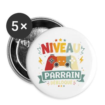 Niveau Parrain Débloqué Annonce Grossesse Cadeau - Lot de 5 grands badges (56 mm) - blanc - Devant