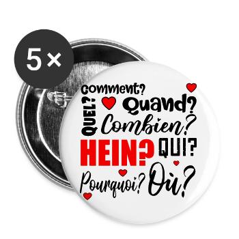 mots interrogatifs - français - Lot de 5 grands badges (56 mm) - blanc - Devant