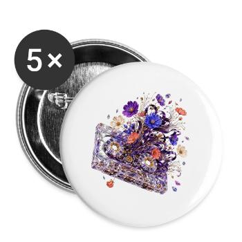 Cassette florale rétro futuriste - Lot de 5 grands badges (56 mm) - blanc - Devant