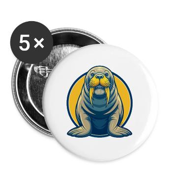 Walrus Kawaii Maskottchen Cartoon Clipart Logo Abzeichen - Buttons groß 56 mm (5er Pack) - Weiß - Vorne