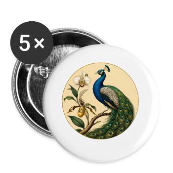 Blauer Pfau auf goldenem Blumenkreis - Buttons groß 56 mm (5er Pack) - Weiß - Vorne