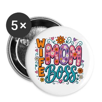Wife Mom Chefin - Blumen-Design für Mama & Ehefrau - Buttons groß 56 mm (5er Pack) - Weiß - Vorne