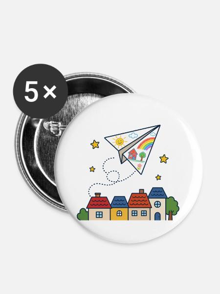 Papierflieger über Dächern – Kindergarten - Buttons groß 56 mm (5er Pack) - Weiß