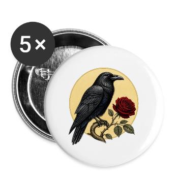 Rabe (Corvus corax) & Botanische Rote Rose - Buttons groß 56 mm (5er Pack) - Weiß - Vorne