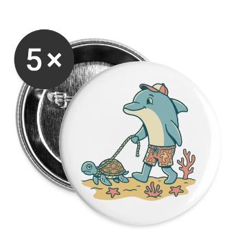 Delfin geht Gassi mit Schildkröte - Buttons groß 56 mm (5er Pack) - Weiß - Vorne