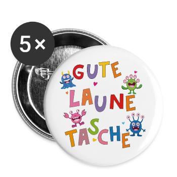 Gute Laune Monster Tasche - Buttons groß 56 mm (5er Pack) - Weiß - Vorne