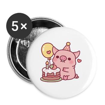 Süßes Schwein mit Geburtstagskuchen und Ballon - Buttons groß 56 mm (5er Pack) - Weiß - Vorne