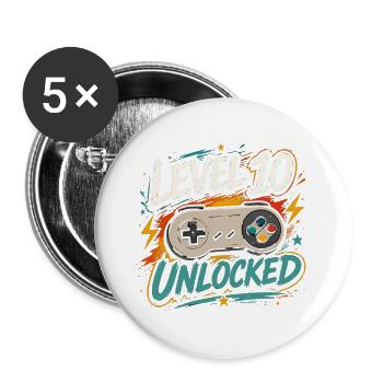 Level 10 freigeschaltetes 10-Jahres-Jubiläums-D-Geschenk - Buttons groß 56 mm (5er Pack) - Weiß - Vorne