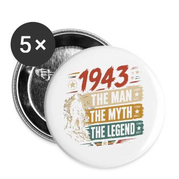 Geburtstag, geboren 1943 – Mannmythos – Legende - Buttons groß 56 mm (5er Pack) - Weiß - Vorne