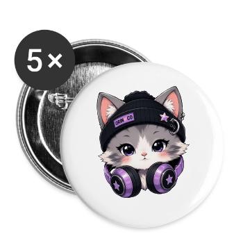 Lila DJ-Katze mit Kopfhörern - Buttons groß 56 mm (5er Pack) - Weiß - Vorne