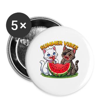 Sommer Katzen mit Wassermelone - Buttons groß 56 mm (5er Pack) - Weiß - Vorne