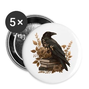 Rabe auf Büchern mit Blumen – Vintage - Buttons groß 56 mm (5er Pack) - Weiß - Vorne