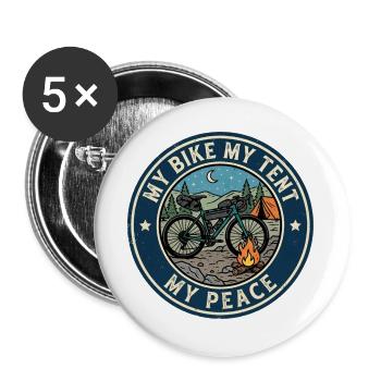 Mein Fahrrad Mein Zelt Mein Frieden Bikepacking - Buttons groß 56 mm (5er Pack) - Weiß - Vorne