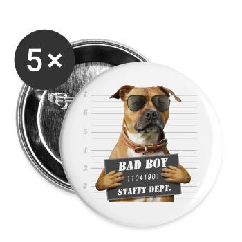 Badboy mit rotem Staffie-Gerichtsschild – 012 - Buttons groß 56 mm (5er Pack) - Weiß - Vorne