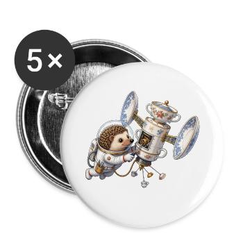 Igel Astronaut repariert Teetassen Satellit im All - Buttons groß 56 mm (5er Pack) - Weiß - Vorne