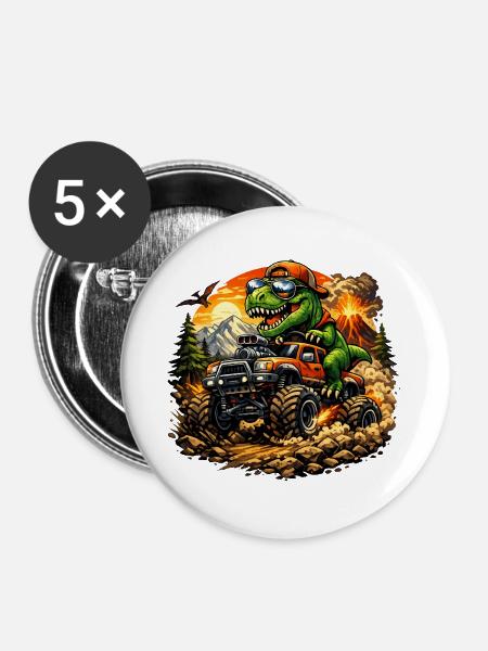 Dino MonsterTruck Abenteuer - Buttons groß 56 mm (5er Pack) - Weiß