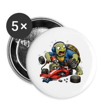 Schildkröte als Rennwagen-Mechaniker Boxenstopp - Buttons groß 56 mm (5er Pack) - Weiß - Vorne