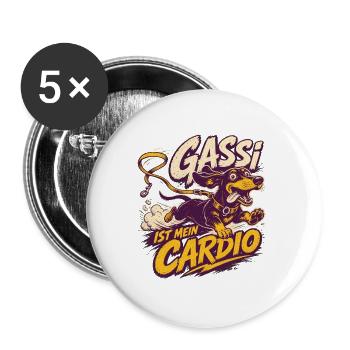 Gassi ist mein Cardio – Dackel - Buttons groß 56 mm (5er Pack) - Weiß - Vorne