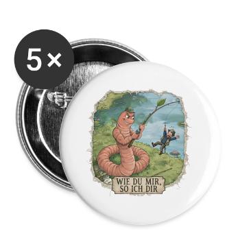 Wie du mir, so ich dir – Wurm angelt Angler - Buttons groß 56 mm (5er Pack) - Weiß - Vorne