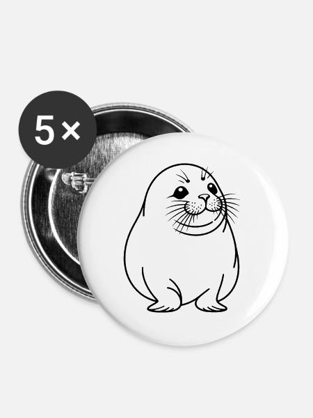 Moppelige Robbe One Line Tiermotiv - Buttons groß 56 mm (5er Pack) - Weiß