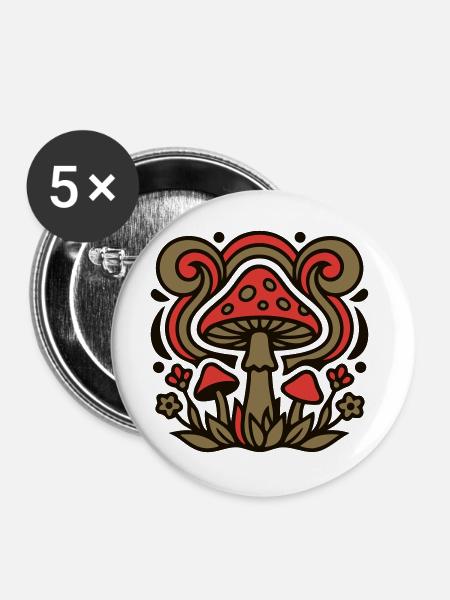 Psychedelische Pilze Grafik - Buttons groß 56 mm (5er Pack) - Weiß