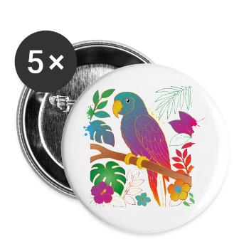 Bunter Papagei im Tropen Design - Buttons groß 56 mm (5er Pack) - Weiß - Vorne