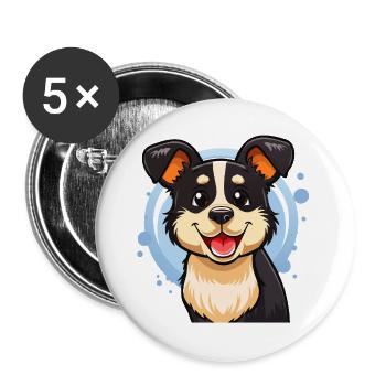 Fröhliches schwarz-weißes Hündchen (Comic-Porträt) - Buttons groß 56 mm (5er Pack) - Weiß - Vorne