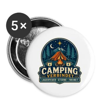 Camping verbindet – Lagerfeuer Sterne Freiheit - Buttons groß 56 mm (5er Pack) - Weiß - Vorne