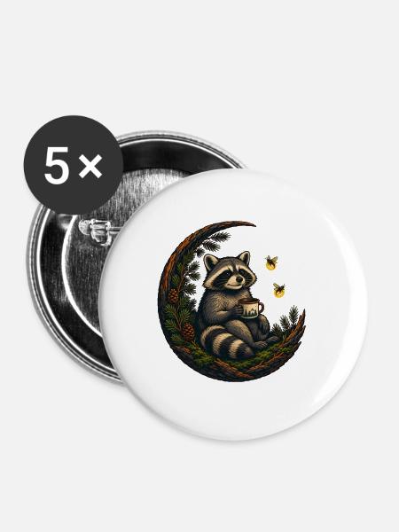 Mondwald Waschbär mit Teetasse - Buttons groß 56 mm (5er Pack) - Weiß