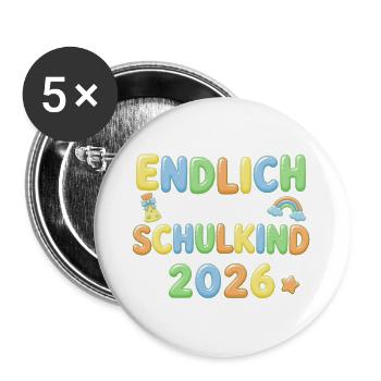 Endlich Schulkind 2026 - Buntes 3D Bubble Design - Buttons groß 56 mm (5er Pack) - Weiß - Vorne