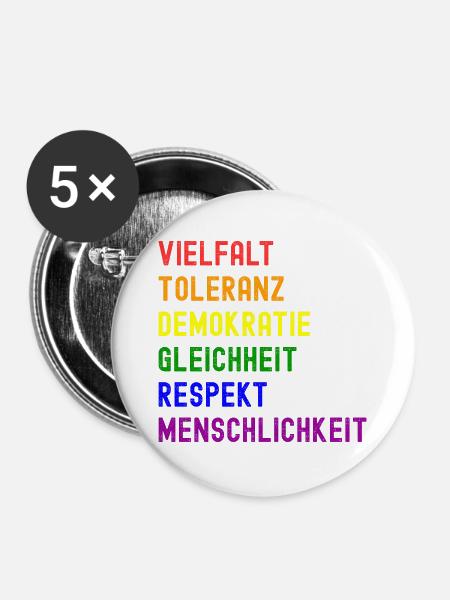 Vielfalt Toleranz Demokratie - Buttons groß 56 mm (5er Pack) - Weiß