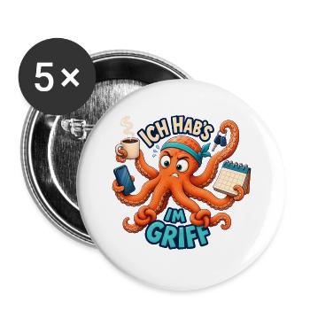 Ich hab's im Griff – Oktopus Multitasking - Buttons groß 56 mm (5er Pack) - Weiß - Vorne
