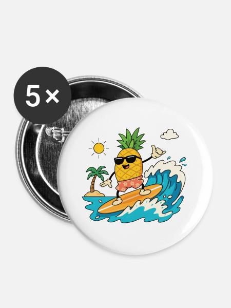 Surfende Ananas Sommer - Buttons groß 56 mm (5er Pack) - Weiß