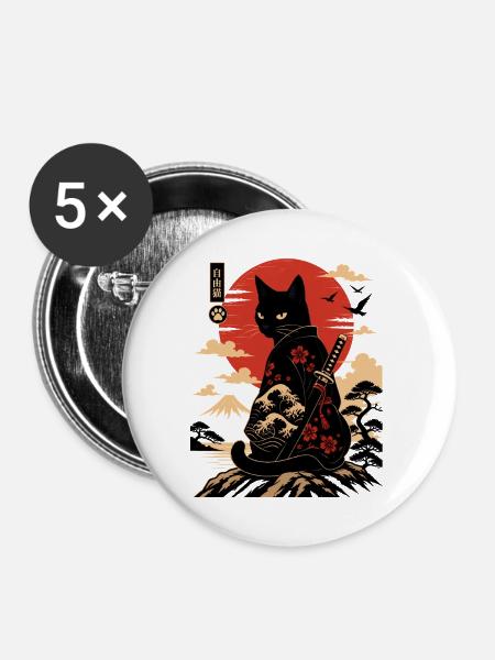 Katzen-Samurai am Sonnenuntergang - Buttons groß 56 mm (5er Pack) - Weiß