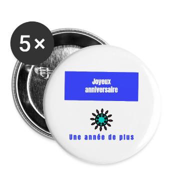 JOYEUX ANNIVERSAIRE. HAPPY BIRTHDAY. ANNIVERSAIRE. - Lot de 5 grands badges (56 mm) - blanc - Devant