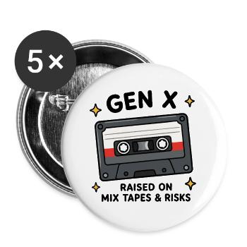Gen X aufgewachsen mit Mixtapes und Risiken Retro Cassette Ta - Buttons groß 56 mm (5er Pack) - Weiß - Vorne