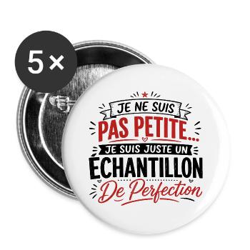 Femme humour, perfection, cadeau fête des mères - Lot de 5 grands badges (56 mm) - blanc - Devant