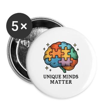 Buntes Puzzlehirn: Einzigartige Köpfe - Buttons groß 56 mm (5er Pack) - Weiß - Vorne