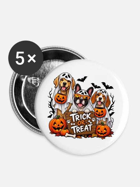 Halloween-Hunde Süßes oder Saures - Buttons groß 56 mm (5er Pack) - Weiß